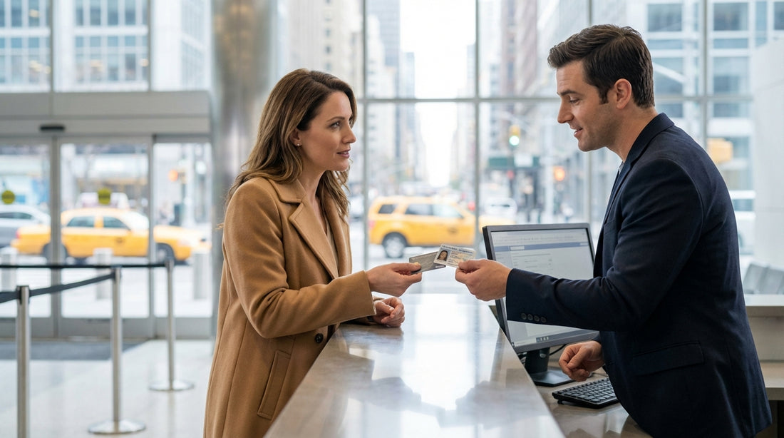 A person's hands holding car keys and a credit card at a New York car rental desk