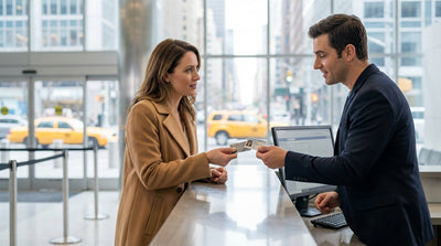 A person's hands holding car keys and a credit card at a New York car rental desk