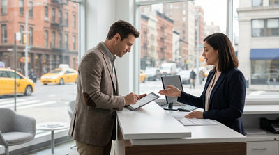 A modern car rental vehicle on a busy street in New York City with yellow taxis and skyscrapers in the background