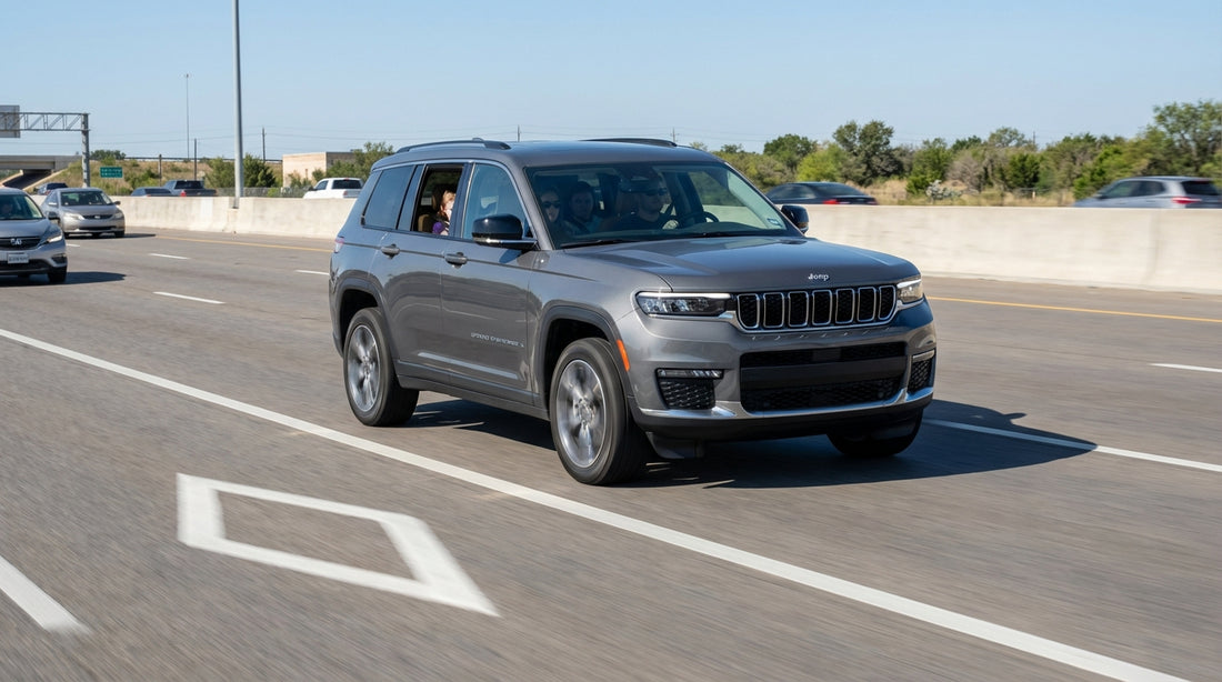 A modern car hire driving on a multi-lane Texas freeway past an HOV lane sign