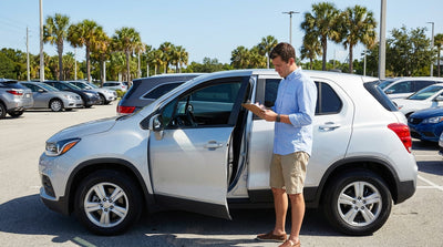 A modern sedan car rental driving down a sunny, palm-tree-lined road in Miami, Florida
