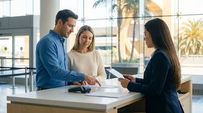 A line of cars waits at a Los Angeles car rental center on a bright, sunny day