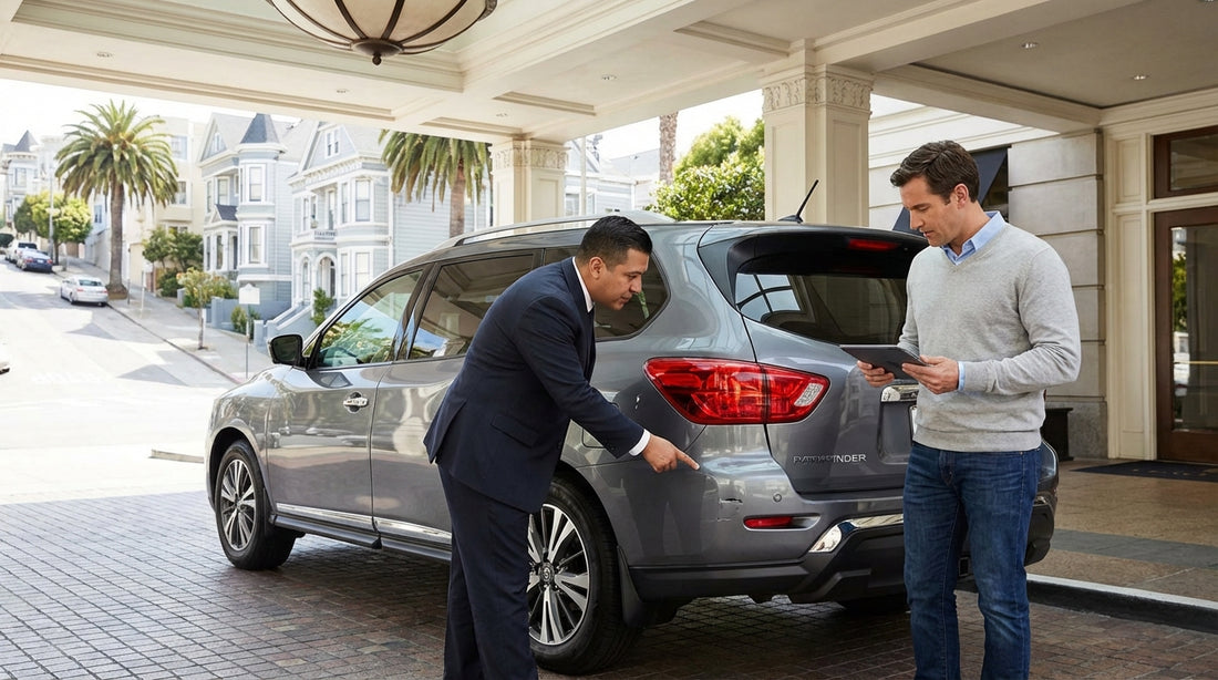 A valet handing keys to a modern car hire in front of a luxury San Francisco hotel entrance