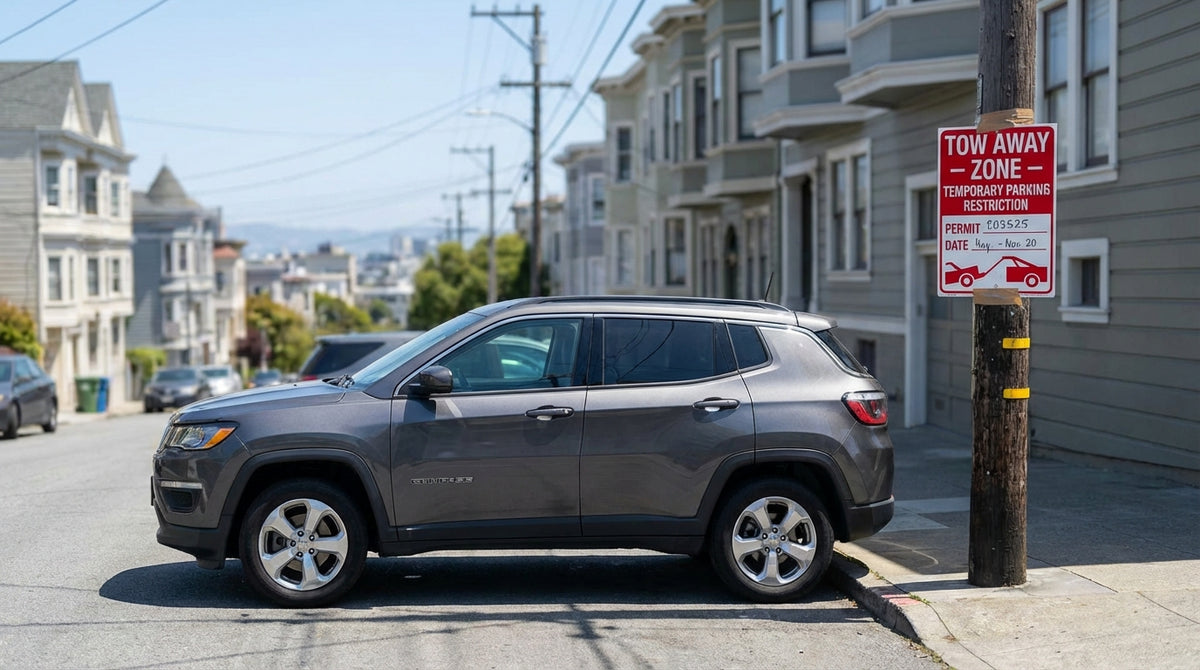 A red car hire vehicle parked at an angle on a famously steep San Francisco street