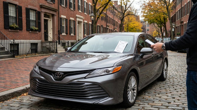 A yellow parking ticket under the windshield wiper of a car rental parked on a city street in Pennsylvania