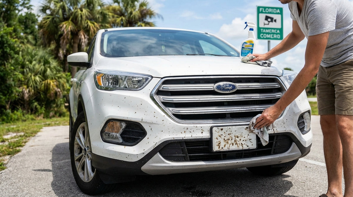 A close-up of a Florida car hire license plate completely covered and obscured by splattered bugs