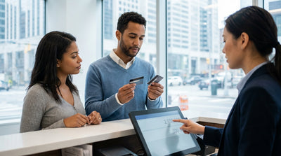 A red car hire vehicle drives over the Brooklyn Bridge with the New York City skyline in the background
