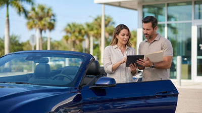 A red convertible car hire driving on a scenic coastal road lined with palm trees in Florida