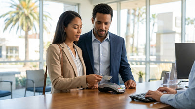 Person holding car keys and a debit card in front of their car hire at a sunny California airport