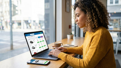 A red convertible car rental driving on a scenic desert highway in the United States