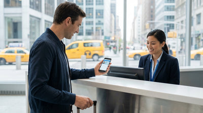 A person shows a digital driving licence on their phone for a car rental on a busy street in New York City