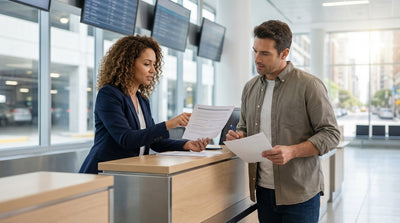 A silver car hire drives through the busy, brightly lit streets of Times Square in New York City