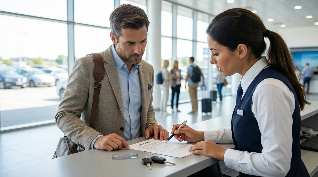 A customer signing a car rental agreement at a service desk in the United States with keys nearby
