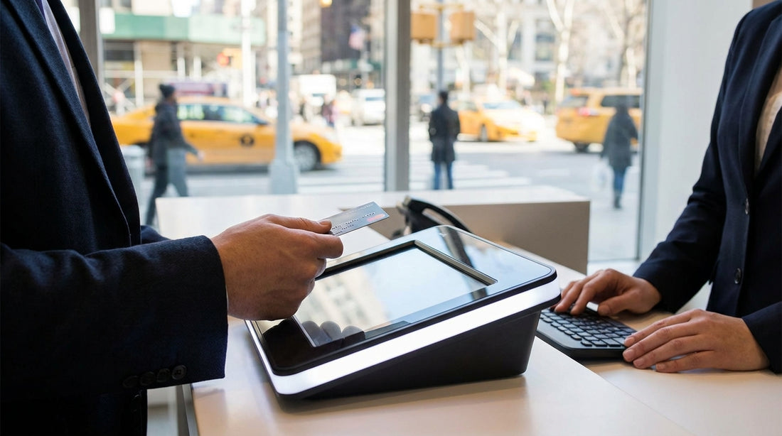 A driver's view from a car rental on a bustling street in New York with yellow taxis and skyscrapers