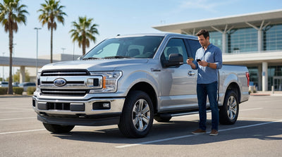 A modern car rental parked on the side of a scenic highway in the vast Texas landscape at sunset