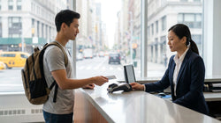 A customer hands a credit card to a clerk at a car hire desk in New York