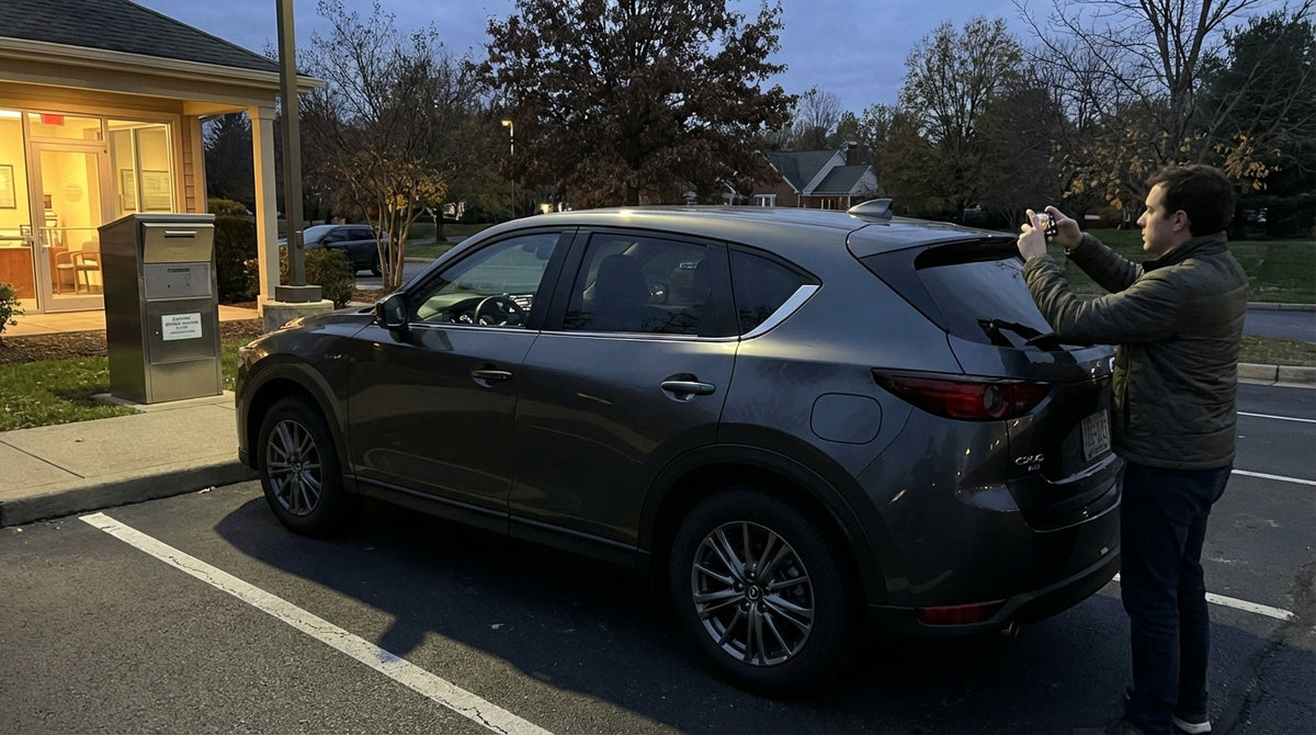 An after-hours car rental return in Pennsylvania with a car parked alone in the lot at dusk