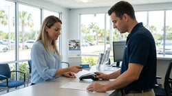 Close-up of a customer tapping a credit card on a payment terminal for a Florida car hire