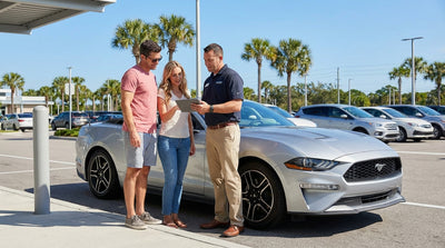 A white convertible car rental driving down a scenic highway lined with palm trees in sunny Florida