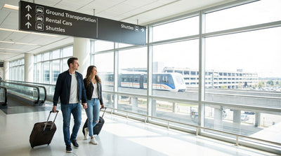 The modern car hire center at Philadelphia's airport in Pennsylvania on a bright, sunny day
