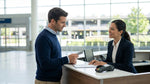 Customer handing a credit card to an agent at a car hire desk in Pennsylvania