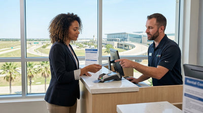 A person hands their credit card to an agent at a car hire counter inside a modern Texas airport terminal
