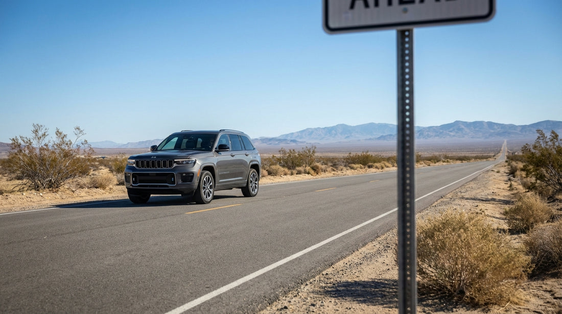 A car hire vehicle driving down a long, empty desert highway with mountains in the distance near Las Vegas