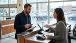 A person at a car hire counter in Pennsylvania handing their credit card to an agent