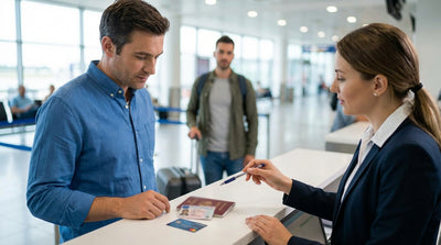 A person hands their passport to an agent at a car rental counter in a New York airport lobby
