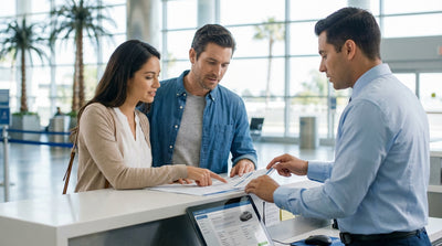 A red convertible car rental driving down a sunny, palm-lined street in Los Angeles