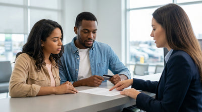 A modern car rental parked on a scenic highway through the desert mountains of the United Estates