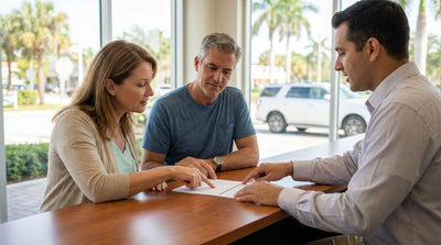 A convertible car hire driving down a sunny coastal highway in Florida with palm trees