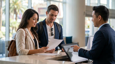 A busy car rental lot filled with various car classes under the bright Las Vegas sky