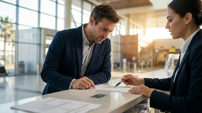 A modern car rental driving on a highway through the Texas Hill Country under a bright blue sky