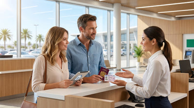 A person driving a modern car hire on a long, empty highway stretching through the vast Texas desert landscape
