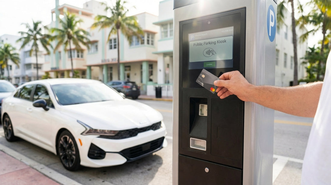 A person pays for their car rental at a modern parking kiosk on a sunny street in Miami Beach
