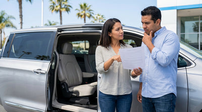 A convertible car rental driving down a sunny, winding coastal highway in California