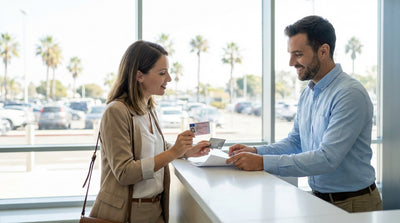 A convertible car rental drives down a winding coastal highway in California