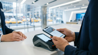 A person uses a phone to pay for their car rental at a desk in a busy New York airport terminal