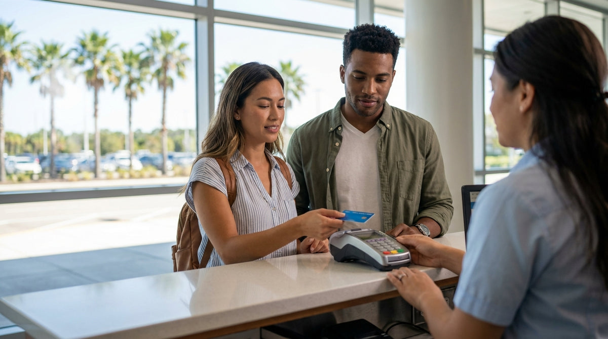 A person hands their bank card to an agent at a car hire desk in the Orlando airport