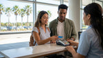 A person hands their bank card to an agent at a car hire desk in the Orlando airport