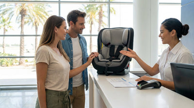 A mother fastens her child into a car seat in the back of their family car hire in Orlando