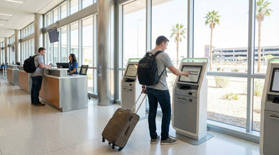 A wide shot of the Las Vegas car rental center with rows of clean cars waiting for pickup under a bright desert sun