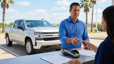 Close-up of a person's hand holding a credit card at a car rental counter in Texas