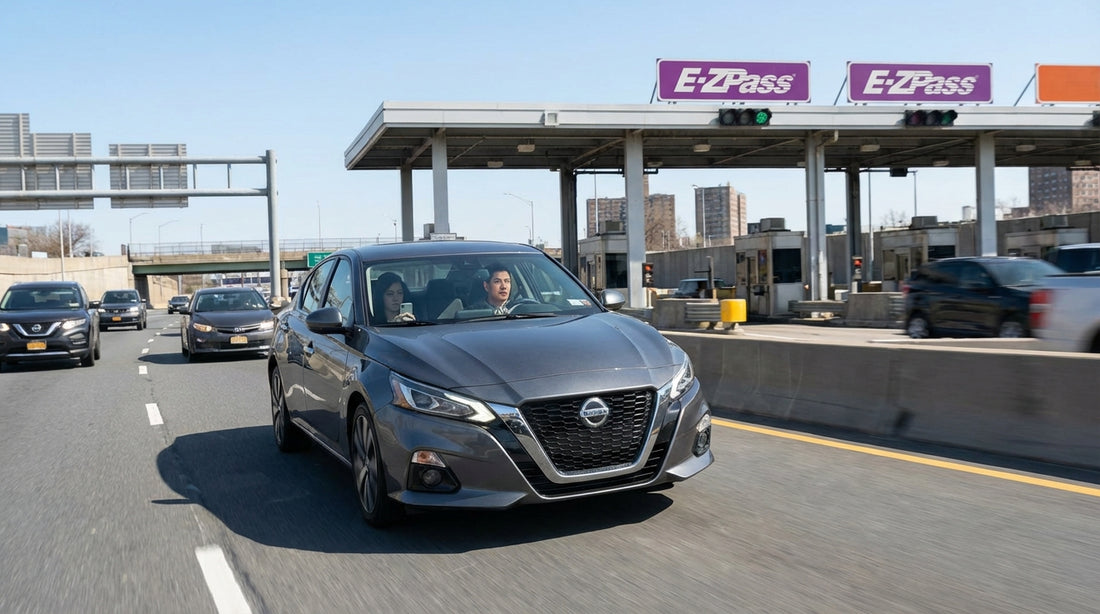 View from a car hire approaching a highway toll plaza with E-ZPass signs in New York