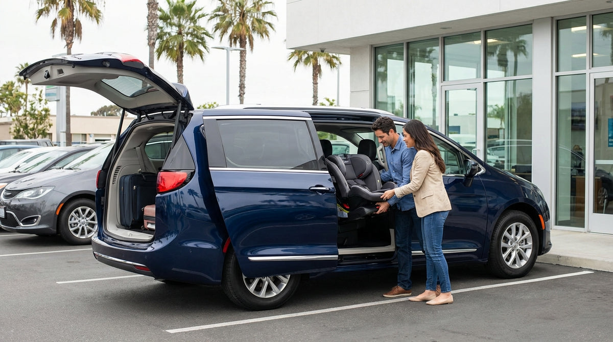 A father installs a child safety seat into the back of a family car hire in sunny California
