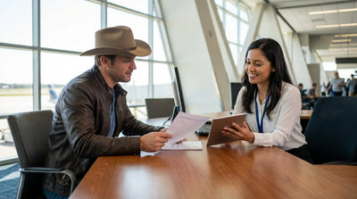 A car hire vehicle driving on a long, open road through the Texas landscape at sunset