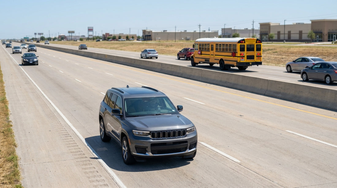 A yellow school bus with its stop sign out on a wide Texas highway, seen from a car hire vehicle