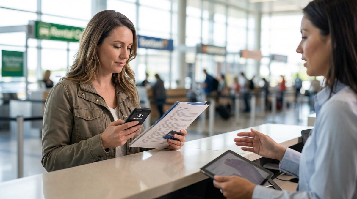 A sedan from a car hire drives on an empty desert highway road in the United States towards mountains