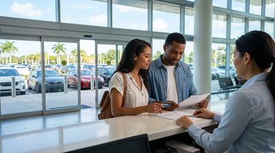 A red convertible car hire drives along a sunny coastal highway in Florida lined with palm trees